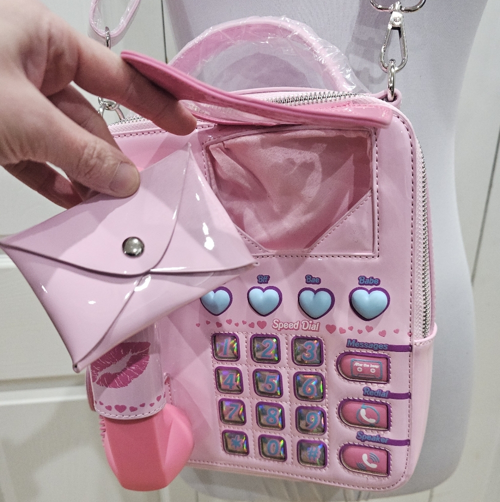 Unique Fun Dolls Kill Sugar Thrillz Pink Phone Love Line Crossbody Bag Purse - Picture 10 of 16